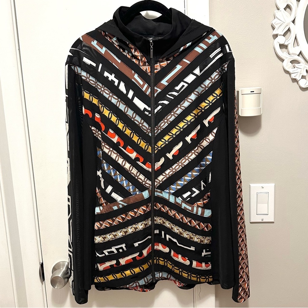 BEREK Women’s Stripes Of Fun Mesh Full Zip Hoodie XL Semi Sheer Black Multicolor